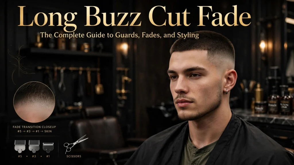 Man with a long buzz cut fade haircut, guard 5 on top with a mid fade on the sides