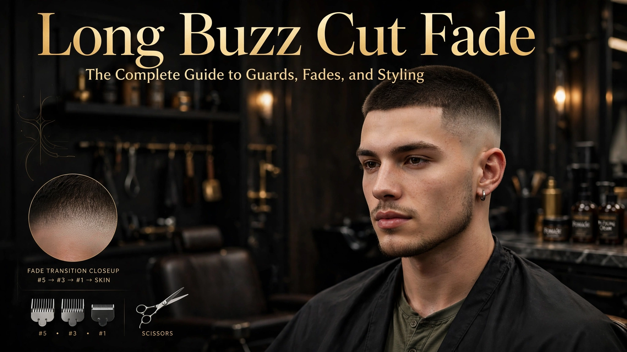 Man with a long buzz cut fade haircut, guard 5 on top with a mid fade on the sides