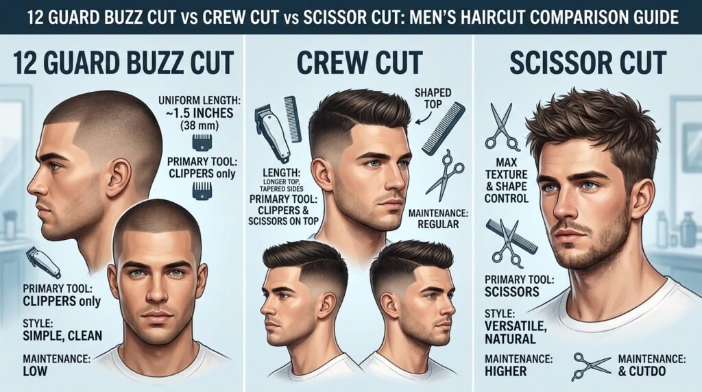 12 Guard Buzz Cut vs Crew Cut vs Scissor Cut
