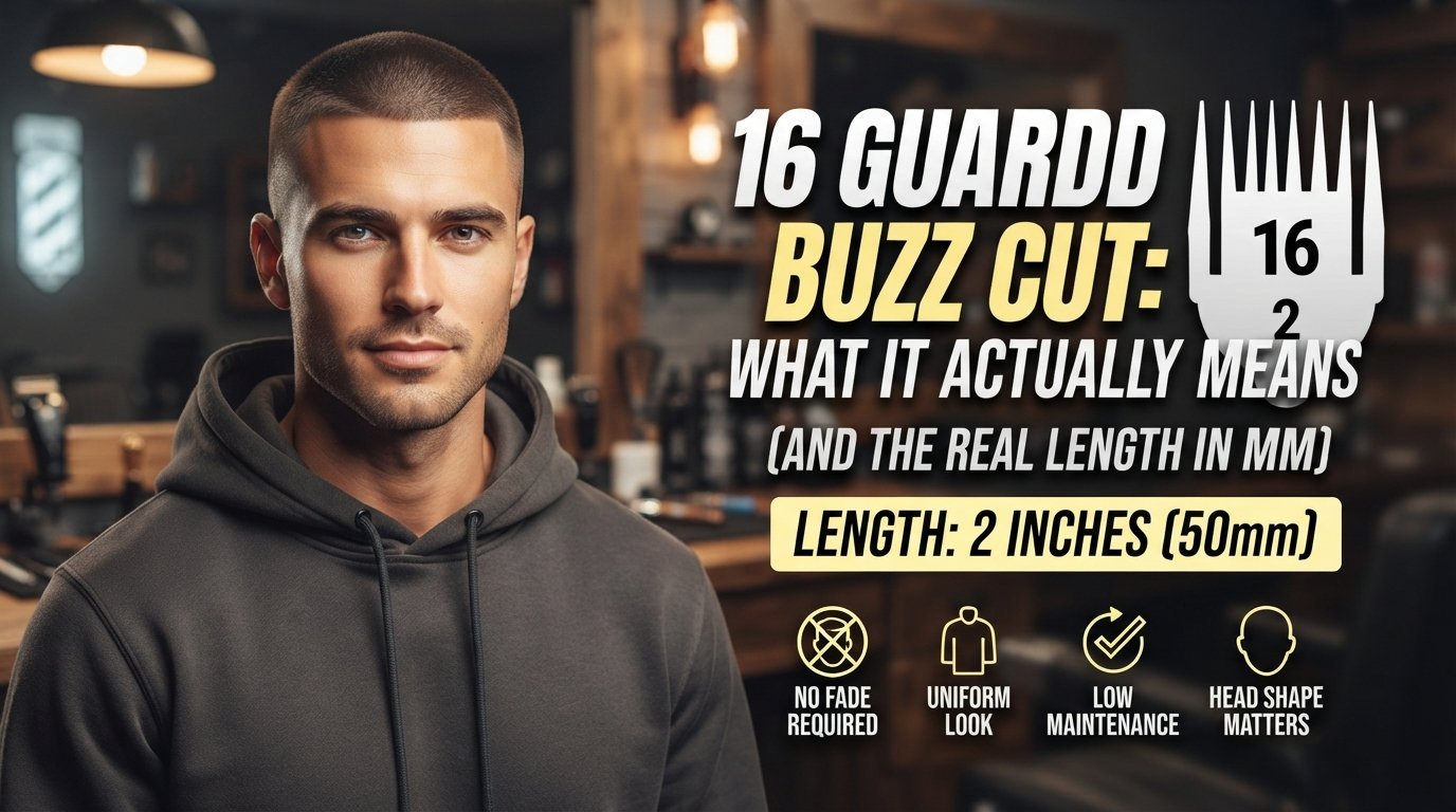 A man with a neat 16 guard buzz cut in a barber shop setting, with overlay text explaining the 2-inch (50mm) length.