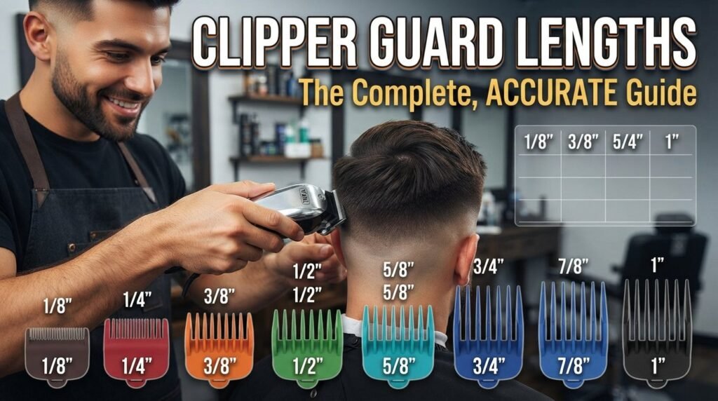 A professional barber cutting hair with a clipper next to a visual chart of clipper guard lengths ranging from 1/8 inch to 1 inch.