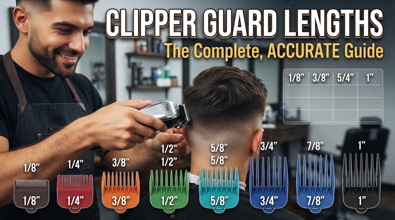 A professional barber cutting hair with a clipper next to a visual chart of clipper guard lengths ranging from 1/8 inch to 1 inch.