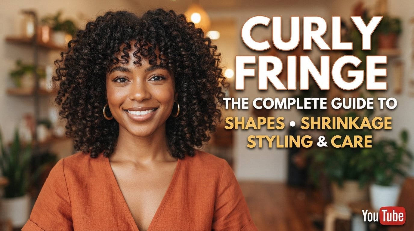 A smiling young woman with dark, textured curly hair and a defined curly fringe, wearing a rust-colored top in a cozy, plant-filled indoor setting.
