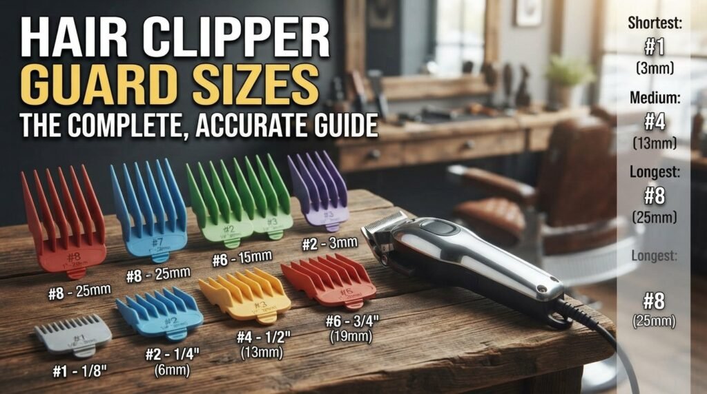 A detailed infographic blog header image displaying various colored hair clipper guards arranged by size on a wooden barber shop counter next to a silver clipper, with a text overlay summary of key sizes.