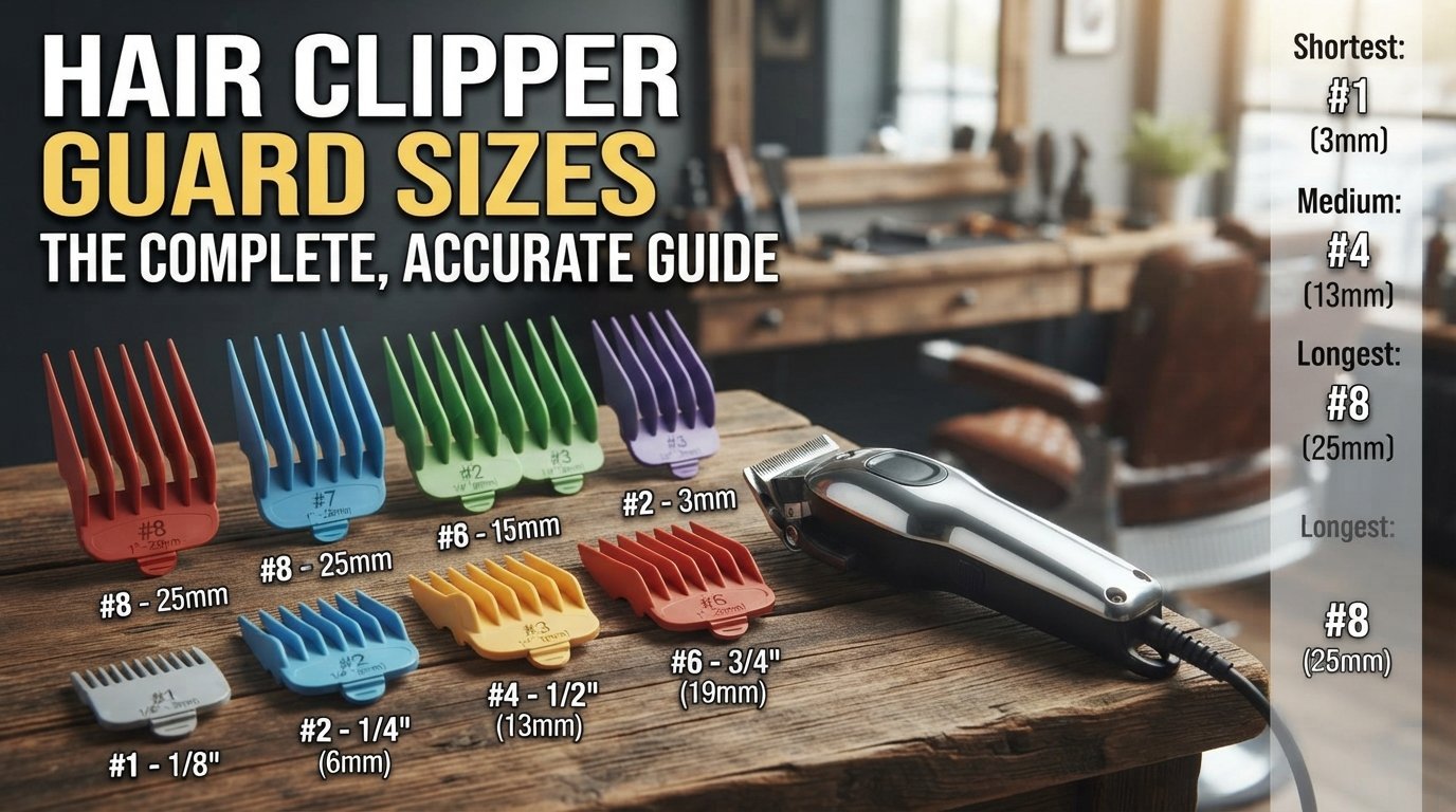A detailed infographic blog header image displaying various colored hair clipper guards arranged by size on a wooden barber shop counter next to a silver clipper, with a text overlay summary of key sizes.